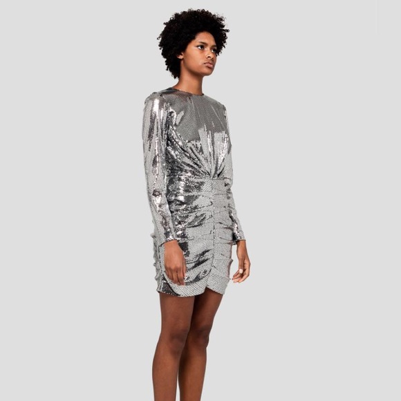 MSGM Sequin Long Sleeve Ruched Silver Mini Dress sz 38 - Picture 4 of 14